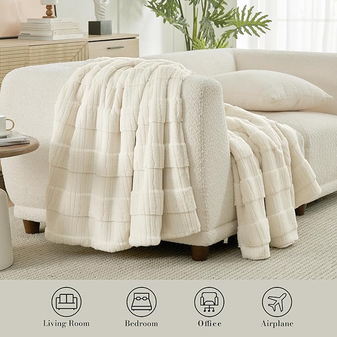Amélie Home Luxury Striped Faux Fur Throw Blanket for Bed Queen Size, Soft Cozy Fuzzy Fluffy Plush Gift Blankets for Women, 88"x90", Ivory