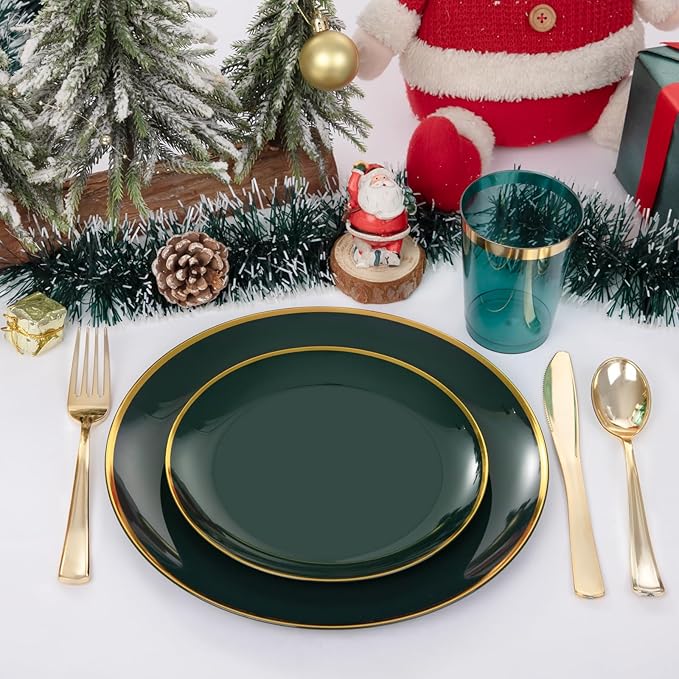 LIYH 180 Pcs Green and Gold Plastic Christmas Plates - Disposable Christmas Dinnerware sets, Green Dinner Dessert Plates, Gold Plastic Silverware Cups for Holiday, Party