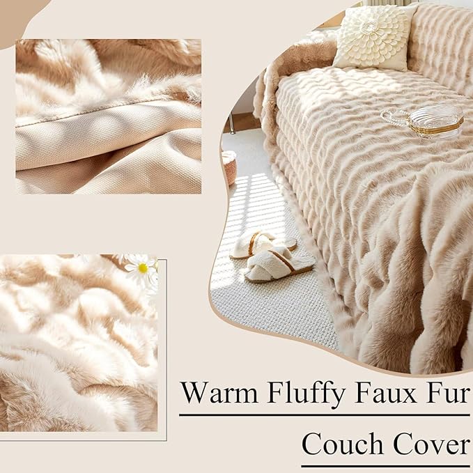 VClife Soft Plush Faux Fur Couch Cover, Warm Fuzzy Khaki Sofa Covers for 2 Cushion Couch Sofa (71"x118") Non Slip Couch Covers for Dog Cat Washable Thick Furniture Protector for Pets