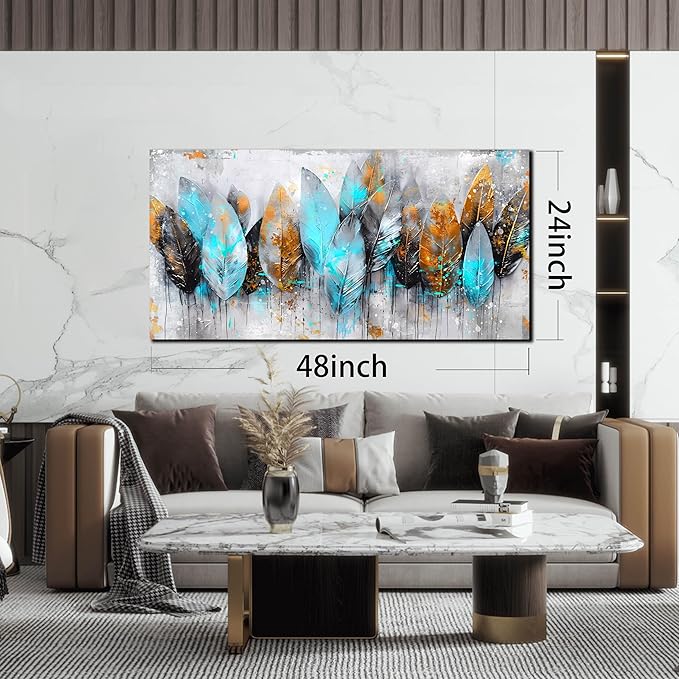 LAOTOART Leaf Canvas Wall Art - Modern Blue and Gray Living Room Wall Art - Abstract Artwork for Walls Ready to Hang Size 24" x 48"