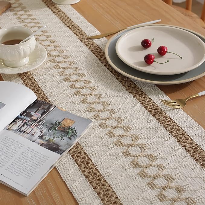Boho Burlap Macrame Table Runner, Farmhouse Style Cotton Linen Rustic Woven Table Runner with Tassels for Dining, Wedding, Bridal Shower, Bohemian (12x108 inch, Coffee Lines)