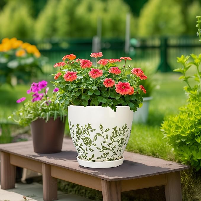 10 Inch Plant Pot - Ceramic Planter with Drainage Hole and Saucer, Boho Round Decorative Flower Pot for Indoor Plants, Housewarming Gifts, Office Garden Home Outdoor Decor, White
