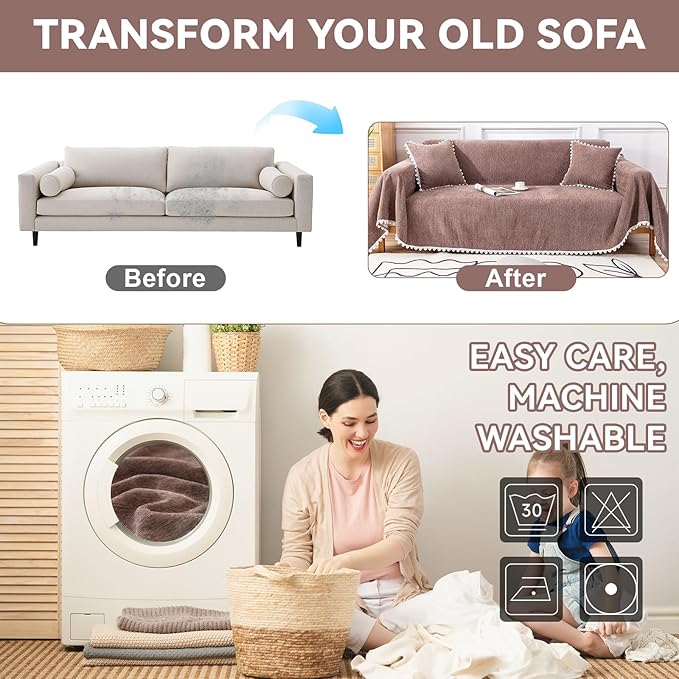 VClife Couch Cover Modern Brown Couch Covers for 3 Cushion Couch Sofa - Washable Chenille Sofa Cover with Lace for Living Room Office RV Bedroom (71"X134") Gift for Christmas Thanksgiving Birthday
