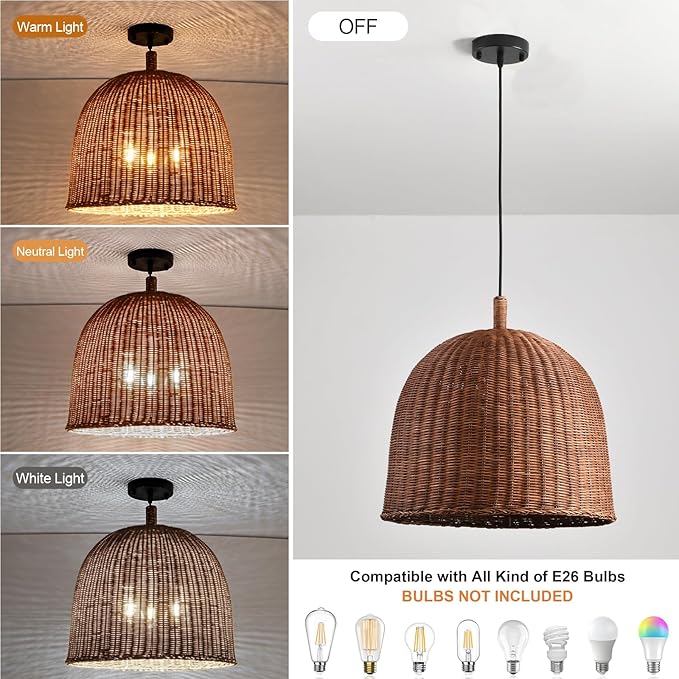 16.9" Rattan Pendant Light Fixtures, 3-Lights Boho Chandelier Hand Woven Pendant Light Farmhouse Hanging Light for Living Room Kitchen Island Dining Room Hallway