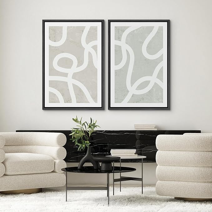 SIGNWIN Framed Canvas Print Wall Art Set Pastel White Swirl Pattern Collage Abstract Shapes Illustrations Modern Art Minimal Boho Relax/Calm for Living Room, Bedroom, Office - 16"x24"x2 Black