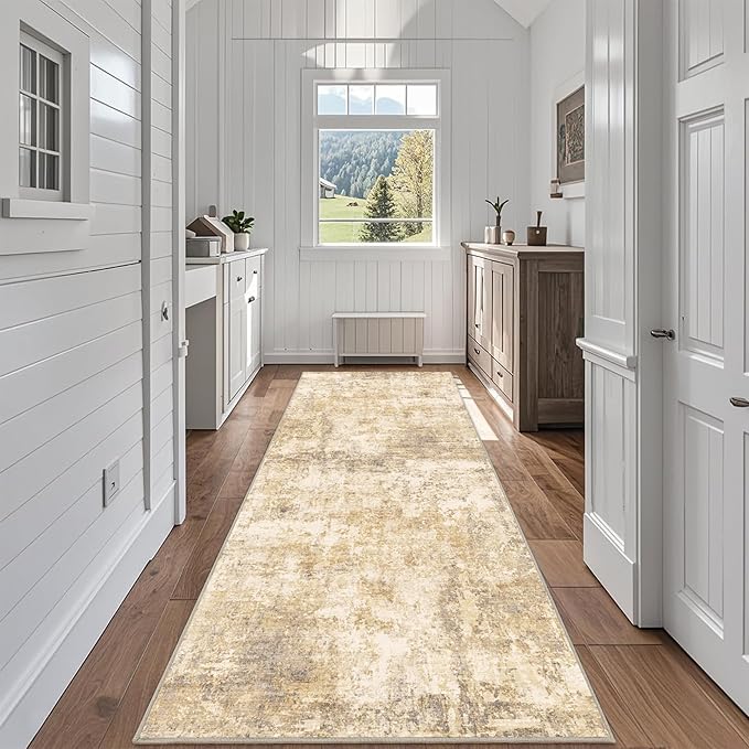 2.6x8 Modern Abstract Rug Washable Area Rugs for Living Room Bedroom Dining Room Non-Slip Low Pile Neutral Large Rug Soft Indoor Floor Carpet, Gold