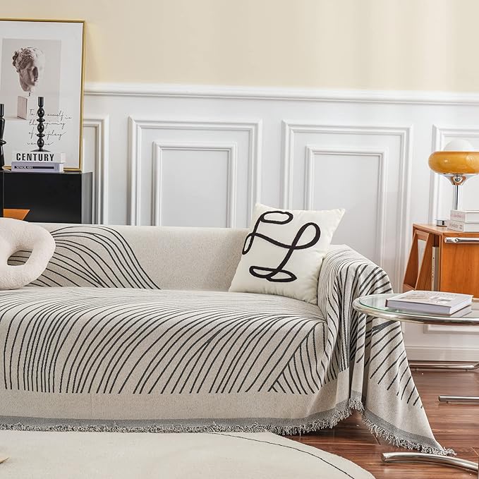 VClife XL Sofa Cover Chenille Couch Cover for 3 Cushion Couch Sofa, Modern Beige Gray Striped Couch Covers for Kids Washable Sectional Sofa Protector with Tassel 71"X134"