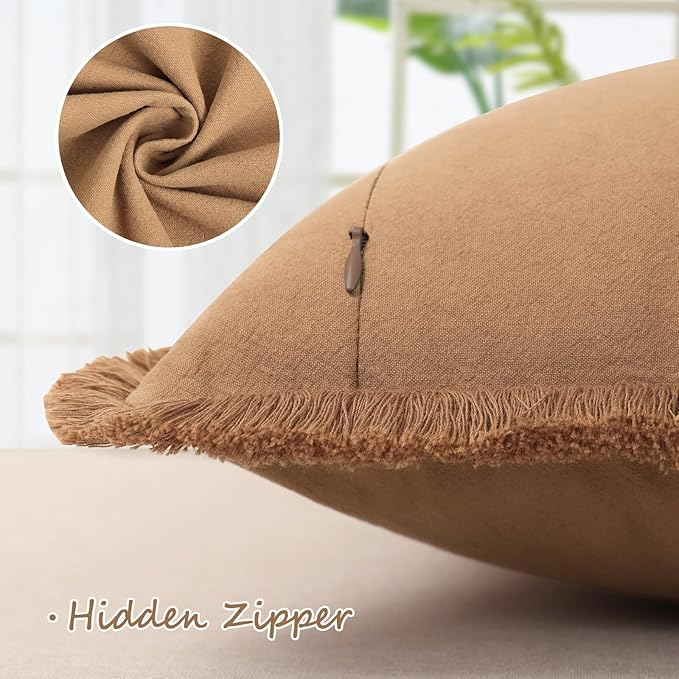 ZWJD Pillow Covers 24x24 Set of 2 Camel Throw Pillow Covers with Fringe Chic Cotton Decorative Pillows Square Cushion Covers for Sofa Couch Bed Living Room Farmhouse Boho Decor
