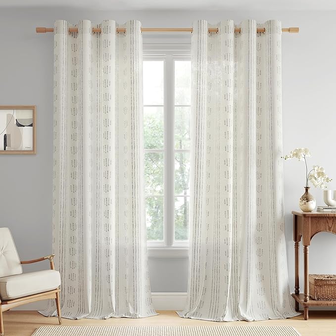 Boho Linen Curtains for Bedroom Living Room Grey Farmhouse Boho Curtains 72 Inches Long Geometric Striped Patterned Mudcloth Grommet Top Light Filtering Window Drapes 2 Panels Gray on Beige
