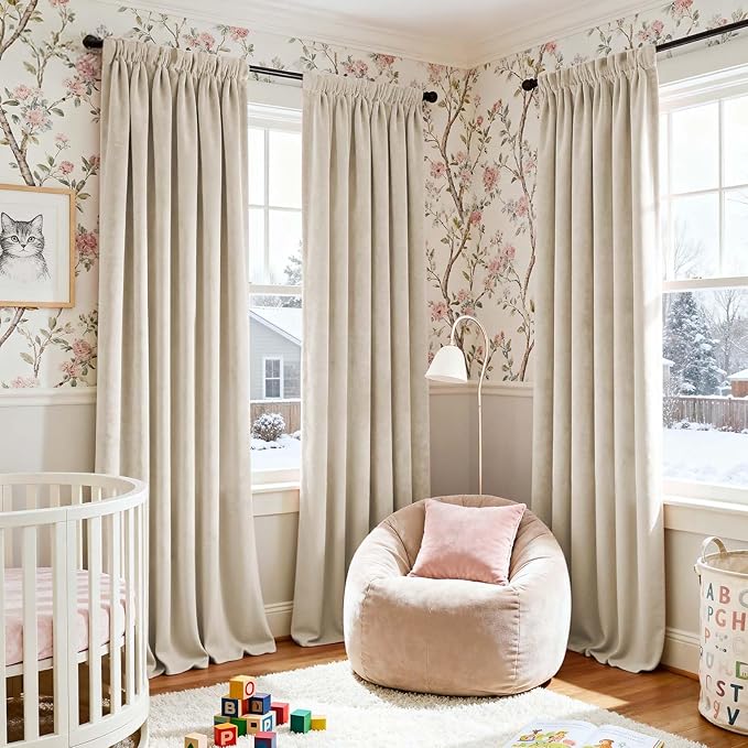 Lazzzy Velvet Blackout Curtains Thermal Insulated Room Window Drapes Super Soft Luxury Curtains for Living Room Bedroom Rod Pocket 2 Panels, Beige, 62" W x 96" L