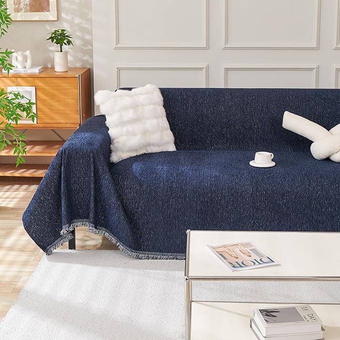 DREAMINGO Sofa Covers Washable Thick Chenille Couch Cover for 2 Cushion Couch Sofa Multi-Use Couch Cover Blanket Modern Pet Furniture Protector Sectional Couch Slipcover 71"x118", Navy Blue