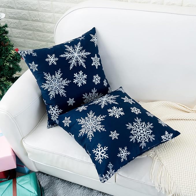 HWY 50 Dark Blue Decorative Throw Pillow Covers 20x20 Inch for Couch Sofa Living Room Bed, Soft Christmas Big and Small Snowflakes Print Throw Pillows Cases Cushion Cover Pack of 2