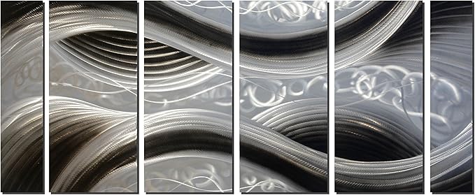 Handcrafted Abstract Metal Wall Art with Soft Color, Large Scale Decor in Black Line Design, 3D Artwork for Indoor Outdoor Wall Decorations, 6-Panels Metal Art Measure 24"x 65"