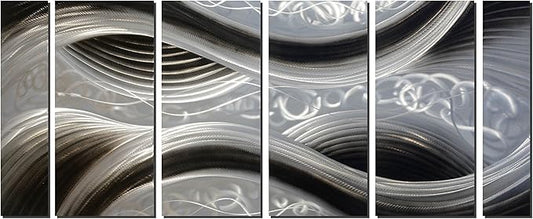 Handcrafted Abstract Metal Wall Art with Soft Color, Large Scale Decor in Black Line Design, 3D Artwork for Indoor Outdoor Wall Decorations, 6-Panels Metal Art Measure 24"x 65"