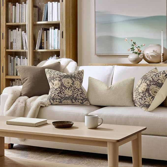 Vintage Floral Print Throw Pillow Covers 16x16 Set of 2 Neutral Modern Farmhouse Accent Decorative Cushion Covers Boho Home Decor for Couch Sofa Chair Bed Living Room, Rustic Gray