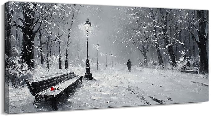 GUTTATY Christmas Winter Scene Canvas Wall Art, Snowy Park Pictures Print, Monochrome Wall Decor with Bench and Lamp, Fine Canvas Artwork for Living Room, Bedroom, Office, Holiday Gift, 48x24 Inch