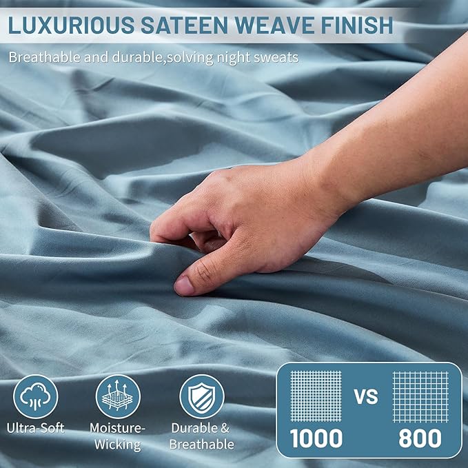 MEISHANG 1000 Thread Count Cotton Sheets King Size - 100% Egyptian Cotton, Sateen Weave, Soft & Breathable, Oeko-Tex Certified, 16" Deep Pockets - 4 Piece (King, Smoky Blue)