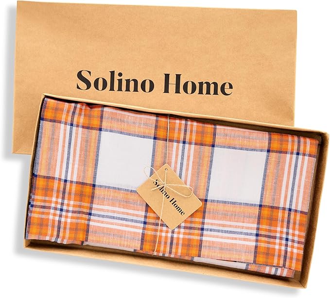 Solino Home Linen Square Tablecloth 52 x 52 Inch - 100% Pure Linen Orange Tartan Plaid Tablecloth - Handcrafted and Machine Washable Table Throw for Fall, Autumn, Thanksgiving