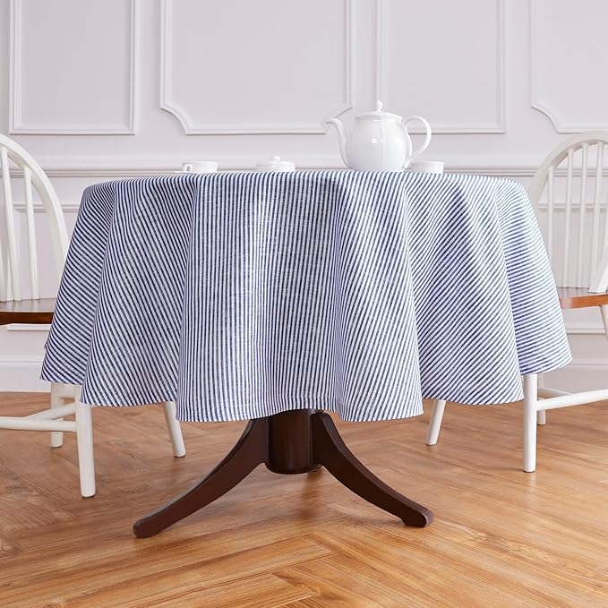 Solino Home Linen 60 Inch Round Tablecloth - Narrow Stripe, 100% Pure Linen Navy and White Round Tablecloth - Machine Washable Table Cloth for Fall, Autumn, Thanksgiving, Christmas, Winter