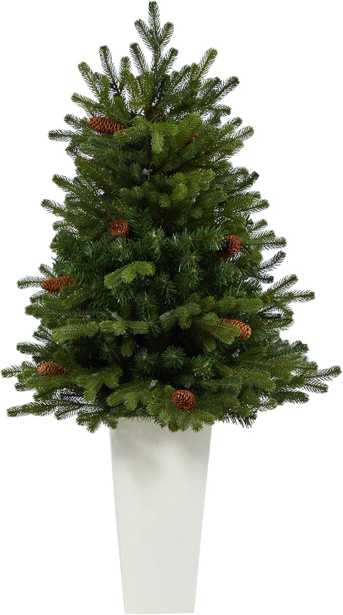 Nearly Natural 3.5ft. Yukon Mountain Fir Artificial Christmas Tree with 50 Clear Lights and Pine Cones in White Planter