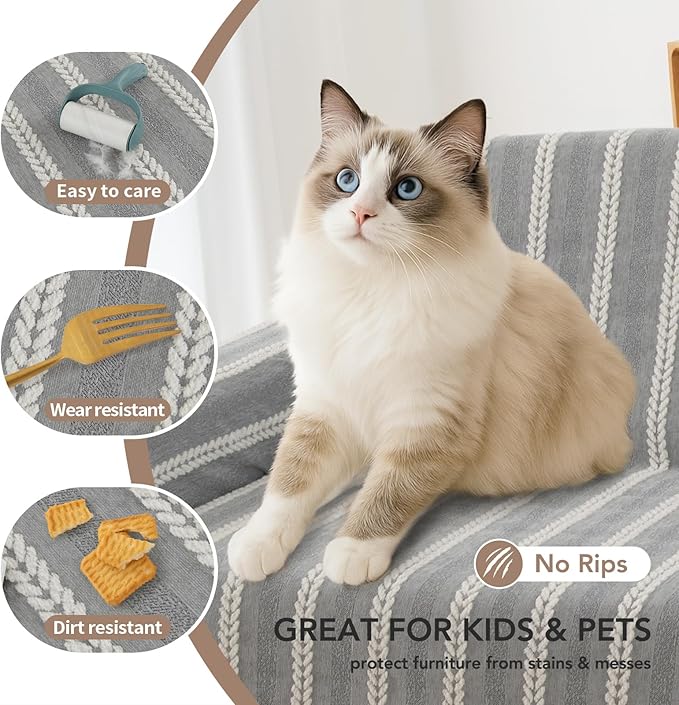 Couch Cover for Dogs, Boho Sofa Covers for 2 Cushion Couch, Chenille Sofa Slipcover for Pets Washable, L-Shape Sectional Loveseat Cover Soft Throw Blankets with Tassels(71x102,Striped Grey)