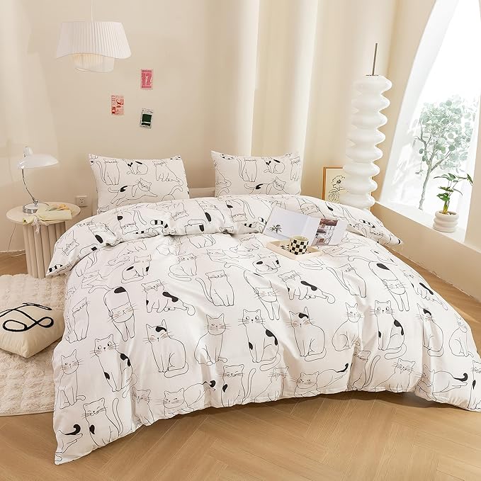ECOCOTT Duvet Cover King Size, 3 Pcs Cartoon Cats Animal Print Pattern Duvet Cover Set, Super Soft Comforter Quilt Cover with Zipper Closure 4 Ties
