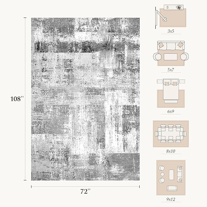 Rugflix 6x9 Area Rugs for Living Room, Washable Rug, Non-Slip, Soft Low Pile Carpet, Stain Resistant, Abstract Rug, Indoor Grey Rug for Bedroom, Dining Room, Home Office