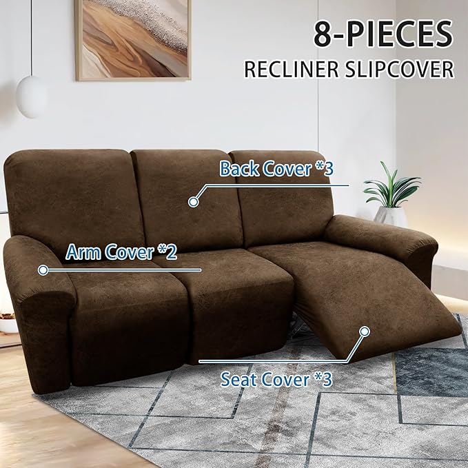 Couch Cover 8-Piece Set Washable Recliner Sofa Slipcovers 3 Seater Leather Look Fabric with Pockets (Dark Brown)