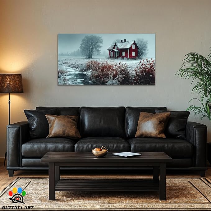 GUTTATY Winter Christmas Canvas Wall Art, Frosty Landscape Canvas Prints, Red Cottage and Nature Wall Hanging Artwork, Rustic Snowy Scene Picture Decor for Living Room, Bedroom, 24x12 Inch