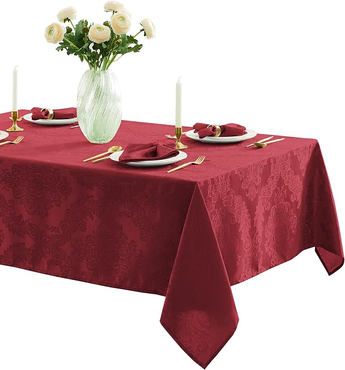 Newbridge Barcelona Damask Fabric Tablecloth, 60 x 102 Inch Rectangle, Burgundy – No Iron, Soil Resistant Table Cover for Dining, Parties and Holidays