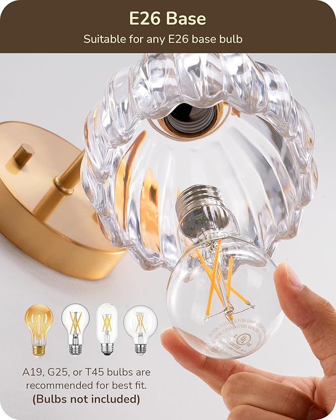 EDISHINE Hardwired Wall Sconces Set of Two, Brass Gold Wall Lamp with Transparent Tulip Glass Lampshade 180 Degree Adjustable, Vintage Bathroom Lighting Fixtures for Bedroom Living Room Hallway