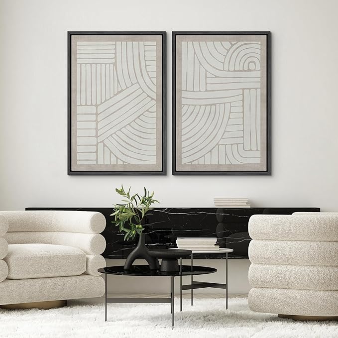 SIGNWIN Framed Canvas Print Wall Art Set Grunge Tribal Pattern Landscape Abstract Shapes Cozy Neutral Minimal Decorative Nordic Zen Bohemian for Living Room, Bedroom, Office - 24"x36"x2 Black