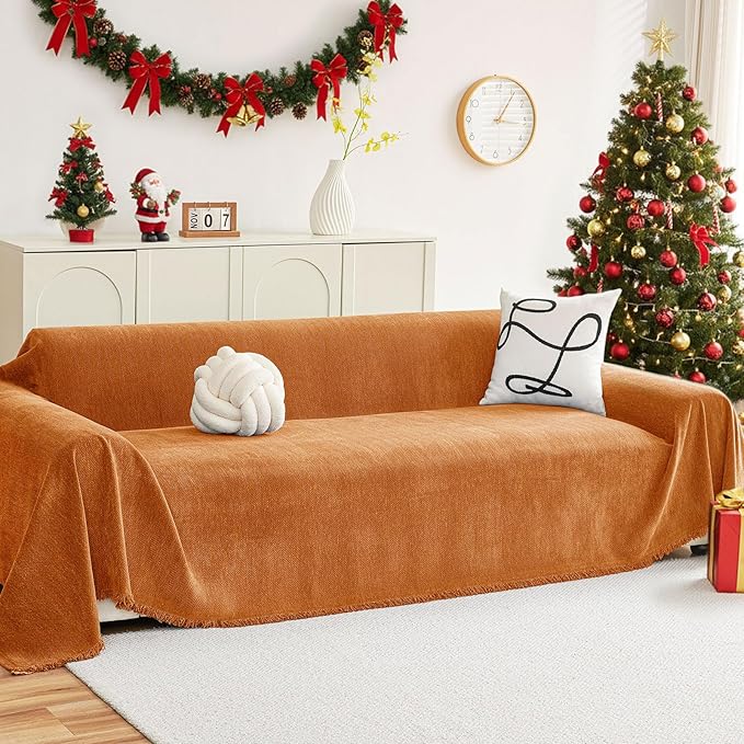 hyha Couch Cover for Dogs, Boho Sofa Covers for 3 Cushion Couch Washable, Chenille Sofa Slipcover for Pets, Soft Loveseat Sectional Couch Throw Blankets with Tassels (Orange, 71x134 Inch)