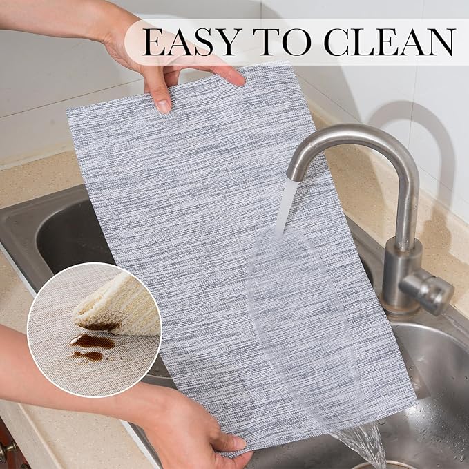 BACKTOEDEN Placemats Set of 12 Heat Resistant Washable Wipeable Placemats Woven Non-Slip Foldable Vinyl/Plastic Placemat Indoor/Outdoor Place Mats Kitchen Dining, Gray Silver Line