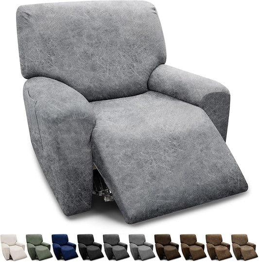 Recliner Chair Cover 4-Pieces, Leather Look, Light Grey, Spandex Fabric, Slipcovers with Pockets, Stretch Fit