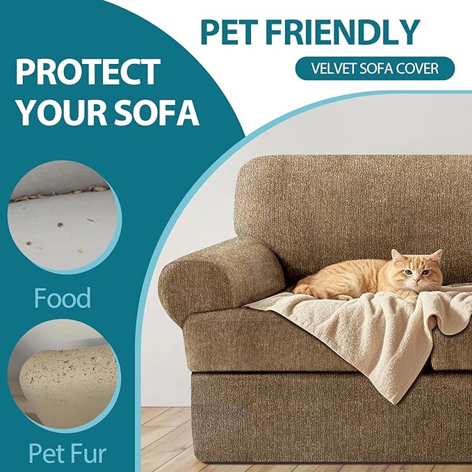 2 Pieces T Cushion Chair Covers with Arms Super Stretch Chair Slipcover for Living Room Pet Dog Universal Slip Cover Anti Slip Armchair Furniture Protector (Brown, 1 Cushion)