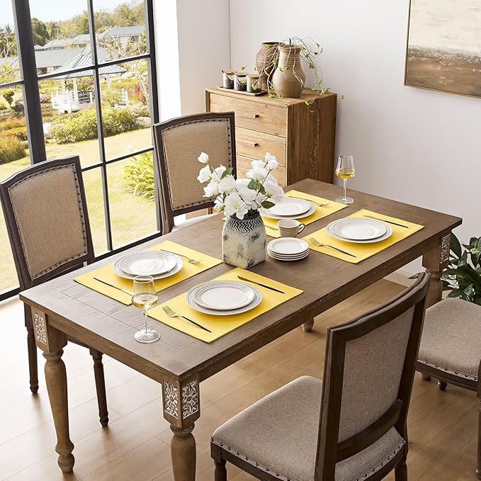 Romanstile Cloth Placemats Set of 8-12 x 18 Inch, Heat Resistant Double Layered Thickened Burlap Place Mats, Washable Faux Linen Farmhouse Table Mats for Kitchen/Dining/Party/Outdoor, Yellow