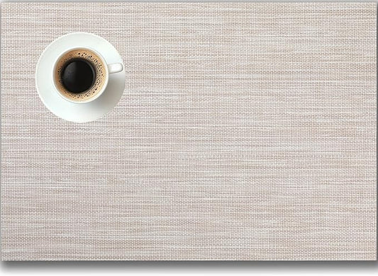 Placemats Set of 6 - Easy Clean Woven Vinyl Placemats for Dining Table, Indoor/Outdoor Place Mats, Washable PVC Table Mats（Beige）