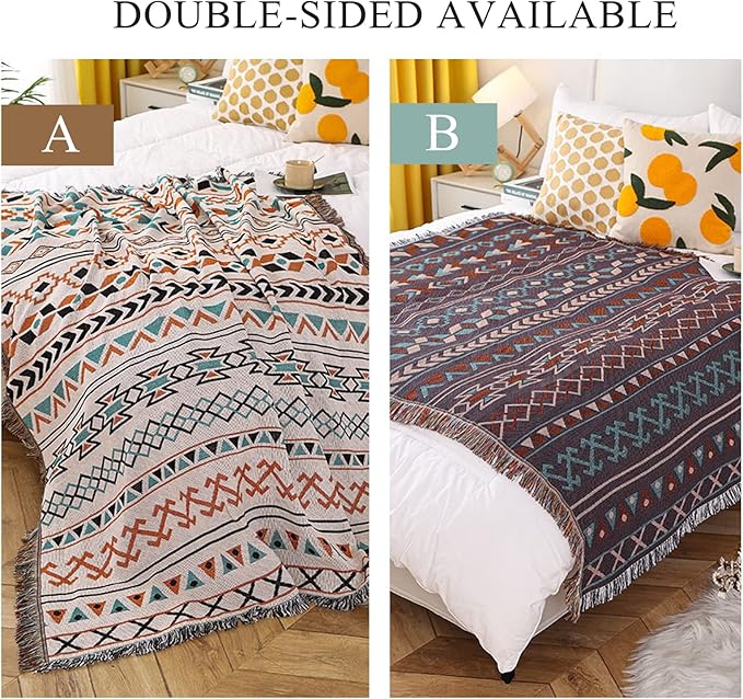 Double-Sided Cotton Woven Throw Blanket with Tassel Jungle Bohemian Style Tapestry Shawl Multi-Function Decorative Throws for Sofa Bed Armchair Camping Blanket Tablecloth Carpet 160x130cm