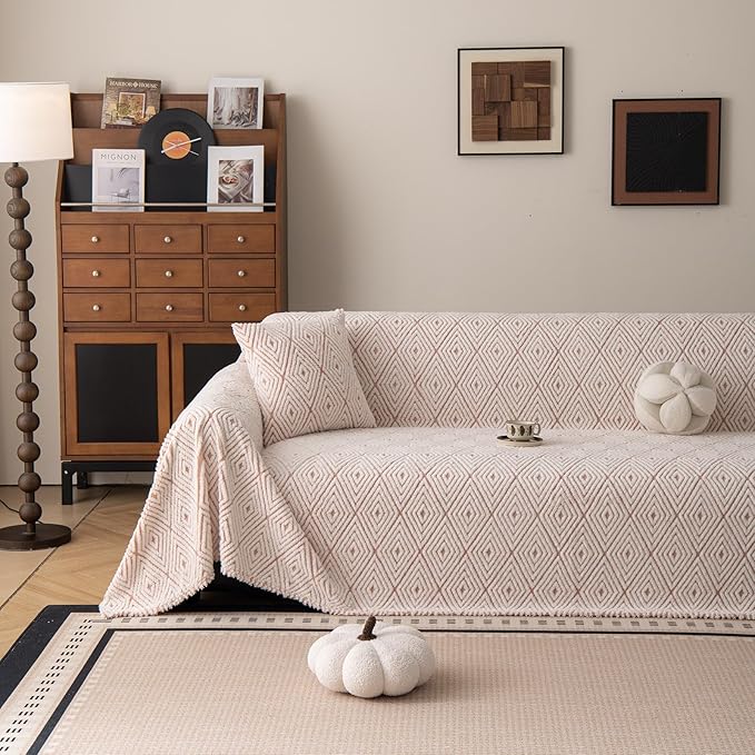 ROOMLIFE Striped Boho Pink Couch Cover for 2-3 Cushion Sofa, Fuzzy Plush Warm Sofa Slipcovers Sectional Sofas Covers, Non Slip Washable Furniture Protector Soft with Tassel,Winter 71''X118”