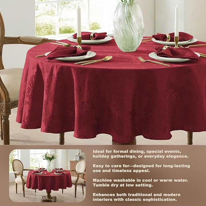 Newbridge Barcelona Damask Fabric Tablecloth, 70 Inch Round, Burgundy – No Iron, Soil Resistant Table Cover for Dining, Parties and Holidays