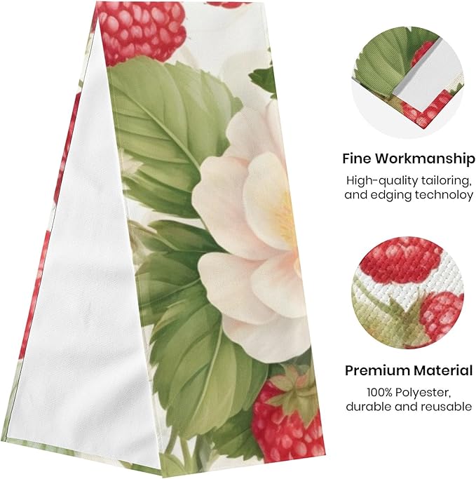 Strawberry Flower Table Runner 13x72 Inches Fruit Faux Linen for Kitchen Dining Table Decor Wedding Birthday Party Holiday Celebration