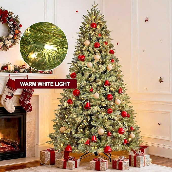 9FT Pre-Lit Artificial Christmas Tree with 3658 PE&PVC Mixed Branch Tips, 850 Warm White Lights, Hinged Premium Spruce Fake Xmas Trees, Green, Foldable Base