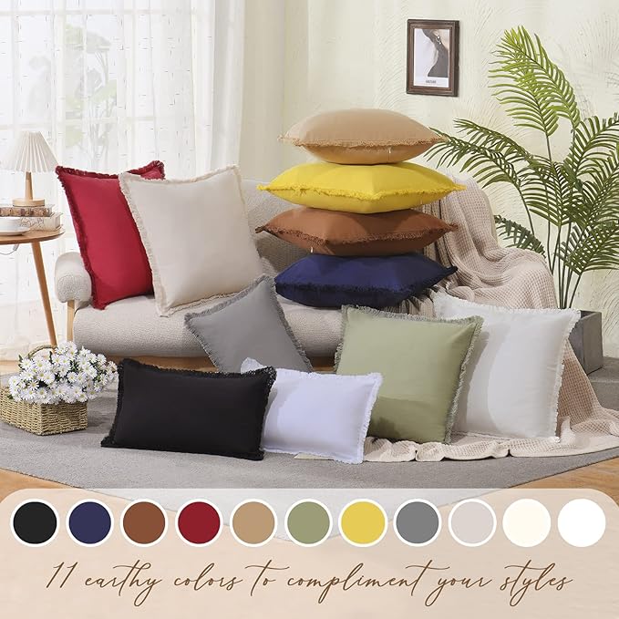 ZWJD Pillow Covers 22x22 Set of 2 Olive Green Throw Pillow Covers with Fringe Chic Cotton Decorative Pillows Square Cushion Covers for Sofa Couch Bed Living Room Farmhouse Boho Decor