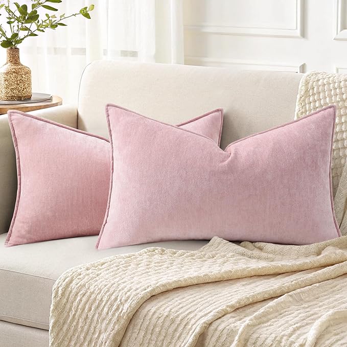 decorUhome Christmas Couch Throw Pillow Covers 12x20 Set of 2, Decorative Soft Euro Velvet Neutral Chenille Lumbar Pillow Covers with Elegant Design for Sofa Bed Living Room Home Decor, Blush Pink