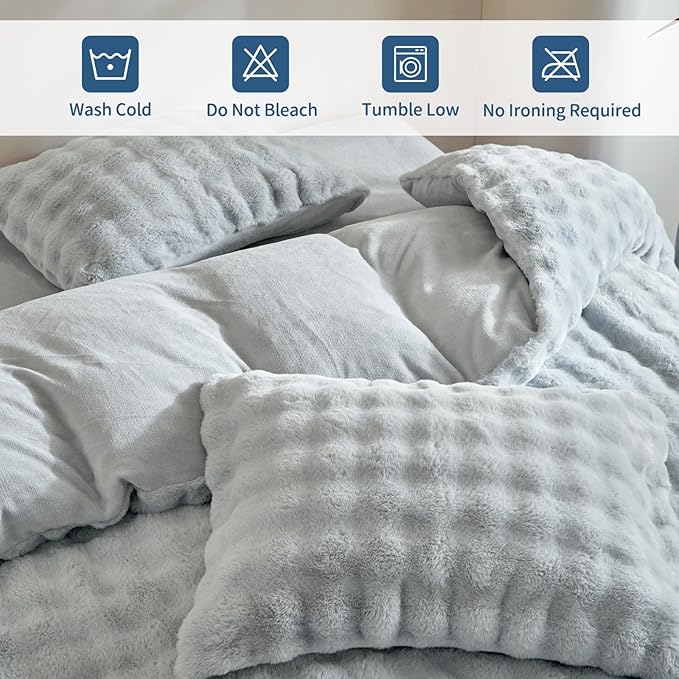 Tokokimo Grey Fluffy Duvet Cover King Size, Ultra Soft & Warm Faux Fur Duvet Cover Set, 3 Pcs Flannel Fuzzy Comforter Cover Grey Bedding Set (1 Duvet Cover & 2 Pillowcases)