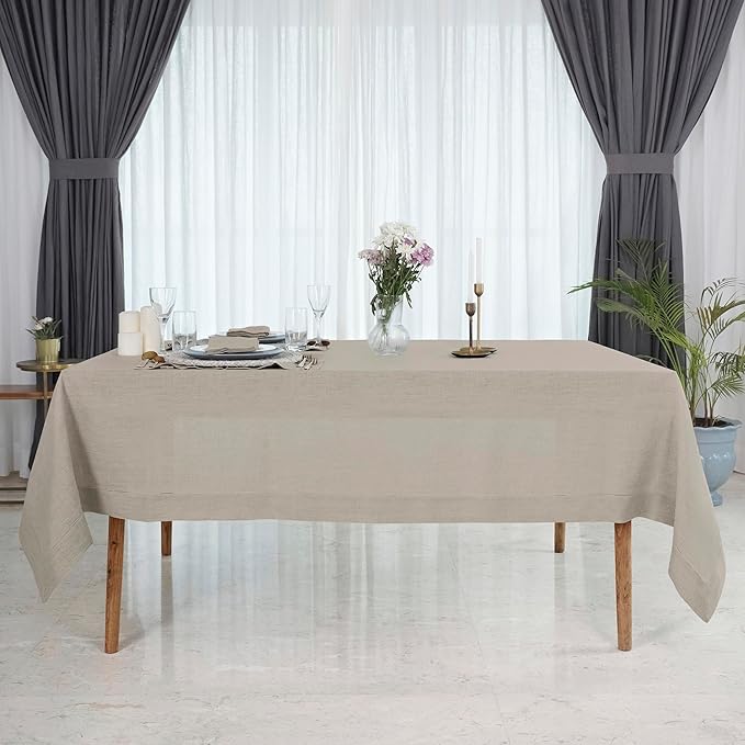 D'Moksha Homes Natural Linen Tablecloth for Rectangle Tables 60 x 132 Inch - 100% Pure Linen Natural Table Cloth - Classic Hemstitch, Machine Washable Dining Tablecloth for Thanksgiving, Christmas