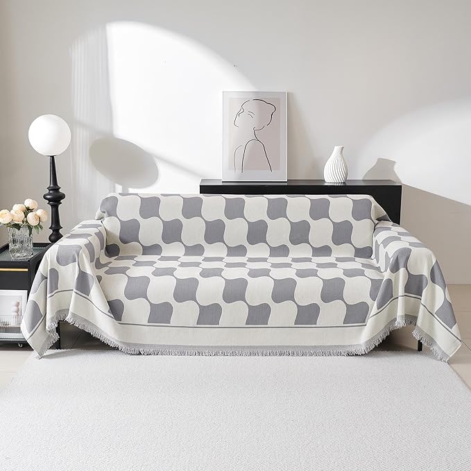 MEETSKY Couch Cover Super Soft Couch Covers for 2 Cushion Couch Sofa, Modern Jacquard Sofa Slipcover Loveseat Futon Cover, Couch Covers for Sectional Sofa, 71" x 118", Grey Checkerboard