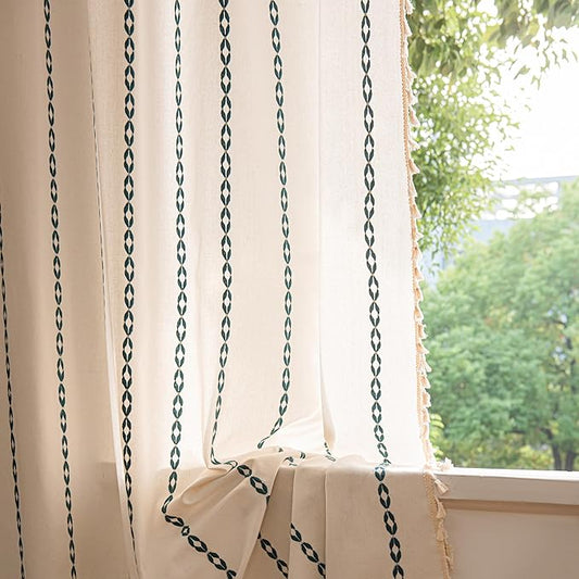 Sutuo Home Boho Curtains 63 Inch Length for Bedroom Living Room, Rod Pocket Light Filtering Embroideried Bohemian Striped Semi Blackout Farmhouse Decor,1 Panel W52 x L63,White and Hunter Green