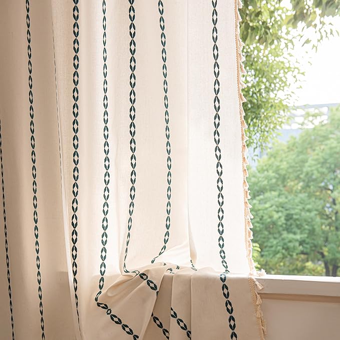Sutuo Home Boho Curtains 96 Inches Long, Bohemian Drape for Bedroom Living Room, Privacy Country Rustic Semi Blackout Farmhouse for Xmas Decor Rod Pocket, 1 Panel W52 x L96 White and Hunter Green